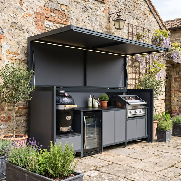 Made-to-Order Stainless Steel Outdoor Kitchen & BBQ Pod with Shed – Covered Canopy, Gas BBQ & Sink for Villa Courtyard