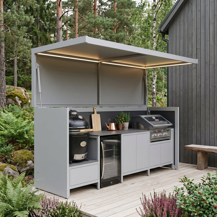 Custom Rustproof Stainless Steel Outdoor Kitchen Pod Set with Shed – Covered Canopy, BBQ Grill & Sink for Poolside