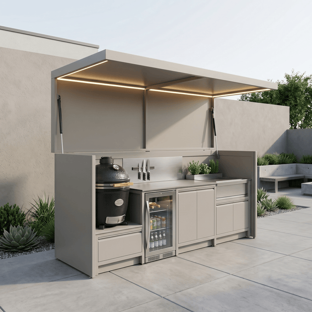 Made-to-Order Stainless Steel Outdoor Kitchen & BBQ Pod with Shed – Covered Canopy, Kamado & Sink for Villa Courtyard