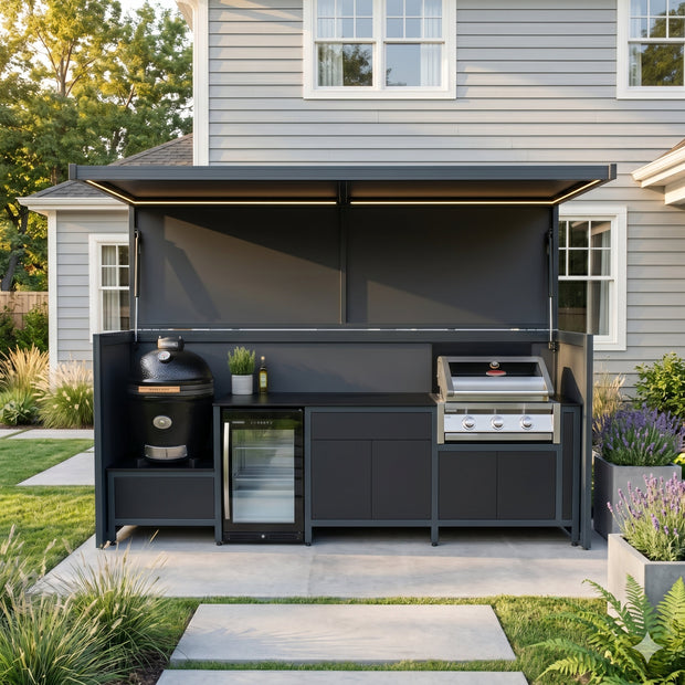 Tailor-Made Eco-Friendly Stainless Steel Outdoor Kitchen & BBQ Shed – Canopy Roof, BBQ & Kamado Combo for Garden