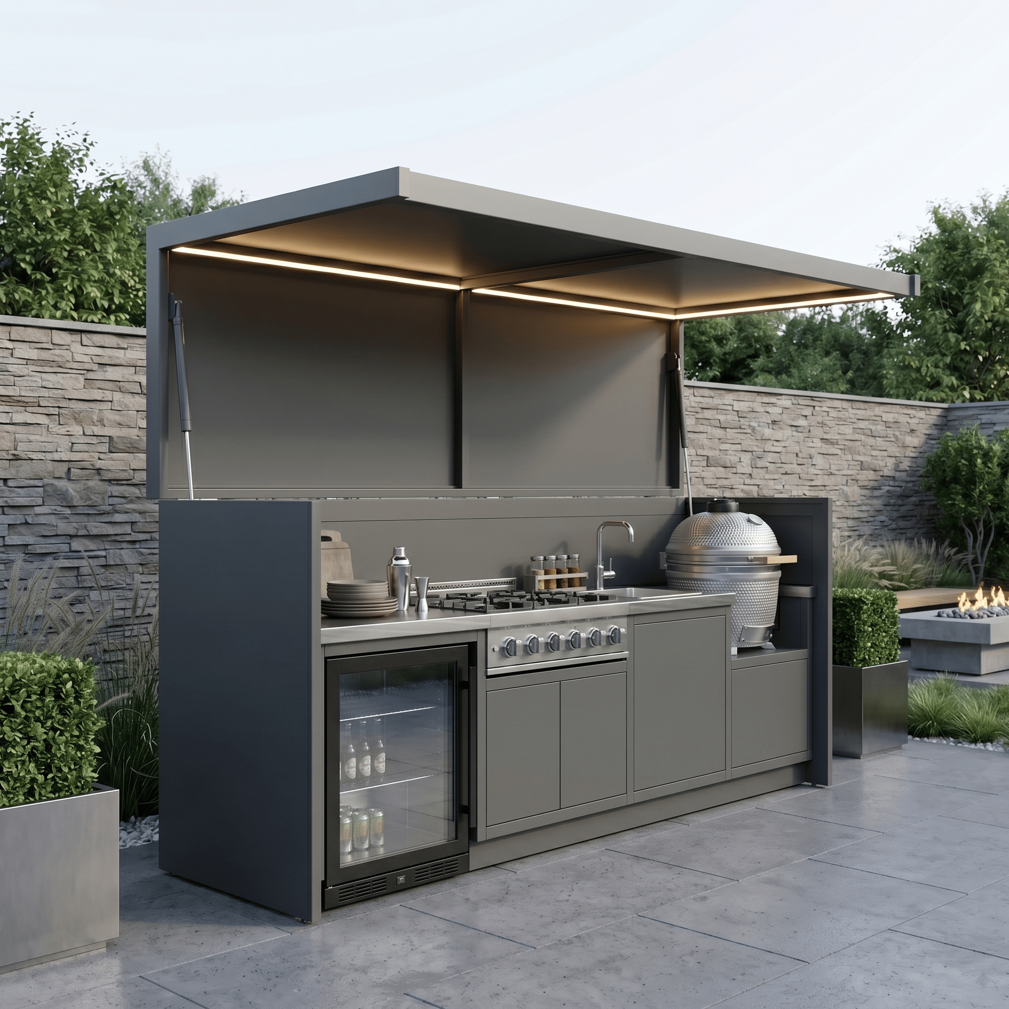 Made-to-Order Modern Stainless Steel Outdoor Kitchen Pod – Canopy Roof Design, Fridge & Sink Station for Garden
