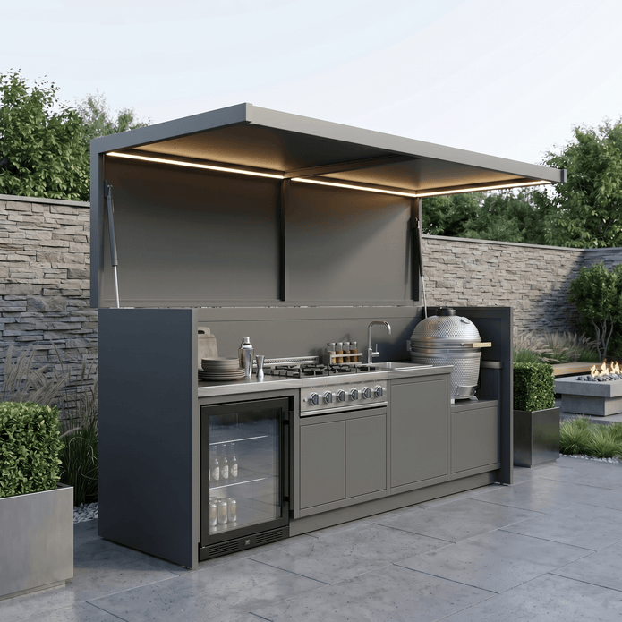Made-to-Order Modern Stainless Steel Outdoor Kitchen Pod – Canopy Roof Design, Fridge & Sink Station for Garden