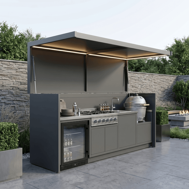 Made-to-Order Modern Stainless Steel Outdoor Kitchen Pod – Canopy Roof Design, Fridge & Sink Station for Garden