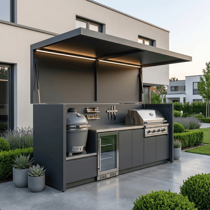 Custom Rustproof Stainless Steel Outdoor BBQ Pod – Canopy Roof Design, BBQ Station & Sink for Villa Courtyard