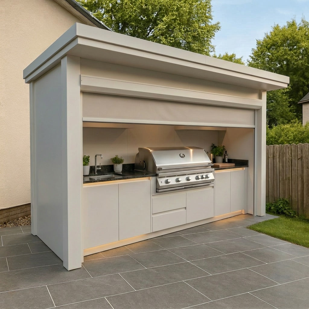 Made-to-Order Stainless Steel Outdoor Kitchen Pod with Shed – Roller Shutter Door, BBQ Grill & Sink for Villa Courtyard