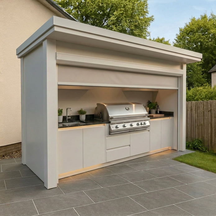 Made-to-Order Stainless Steel Outdoor Kitchen Pod with Shed – Roller Shutter Door, BBQ Grill & Sink for Villa Courtyard