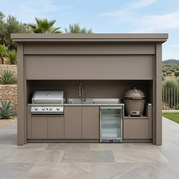Tailor-Made Stainless Steel Outdoor Kitchen & BBQ Shed – Roller Shutter Door, BBQ & Fridge for Garden