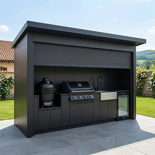 Made-to-Order Stainless Steel Outdoor Kitchen Pod – Roller Shutter Door, Kamado With Sink for Villa Courtyard