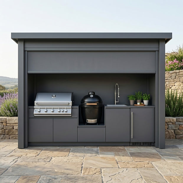 Made-to-Order Stainless Steel Outdoor Kitchen Pod with Shed – Roller Shutter Door, BBQ & Fridge for Backyard