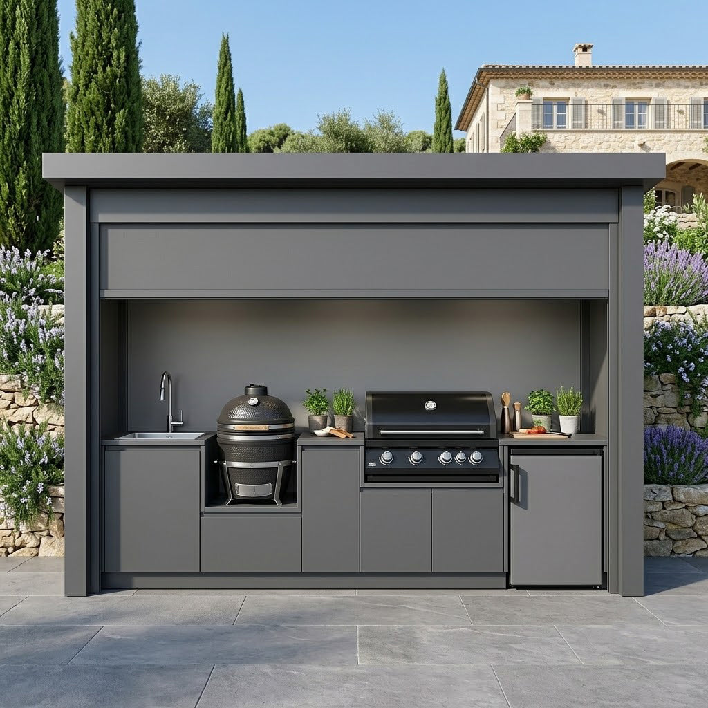 Bespoke Stainless Steel Outdoor BBQ Kitchen Shed – Roller Shutter Door, BBQ Grill & Sink for Backyard
