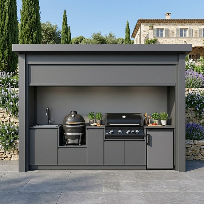 Bespoke Stainless Steel Outdoor BBQ Kitchen Shed – Roller Shutter Door, BBQ Grill & Sink for Backyard
