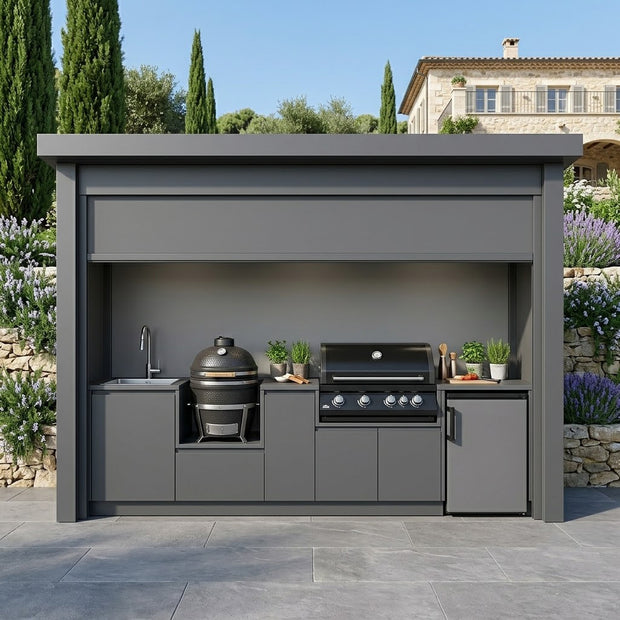 Bespoke Stainless Steel Outdoor BBQ Kitchen Shed – Roller Shutter Door, BBQ Grill & Sink for Backyard