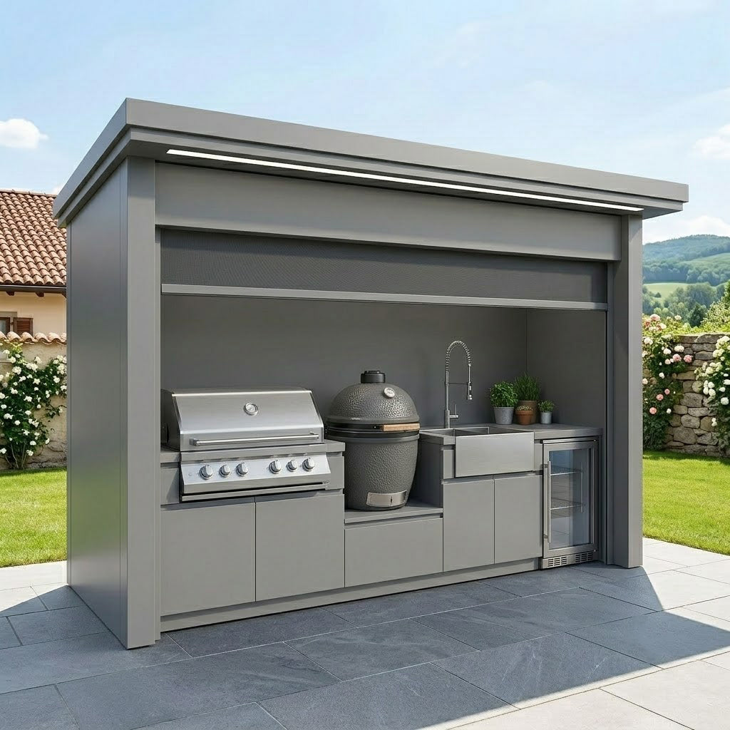 Made-to-Order Stainless Steel Outdoor Kitchen Pod with Shed – Roller Shutter Door, Fridge & Sink Station for Patio