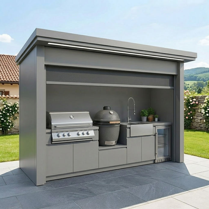 Made-to-Order Stainless Steel Outdoor Kitchen Pod with Shed – Roller Shutter Door, Fridge & Sink Station for Patio