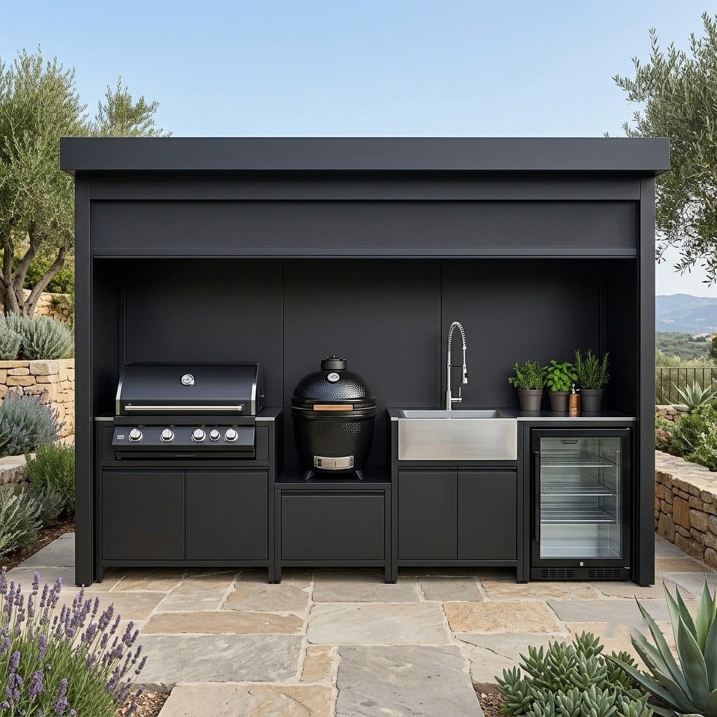 Made-to-Order Stainless Steel Outdoor Kitchen Pod with Shed – Roller Shutter Door, Fridge & Sink Station for Poolside