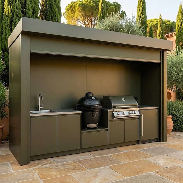 Made-to-Order Stainless Steel Outdoor Kitchen Pod with Shed – Roller Shutter Door, BBQ Station & Sink for Poolside
