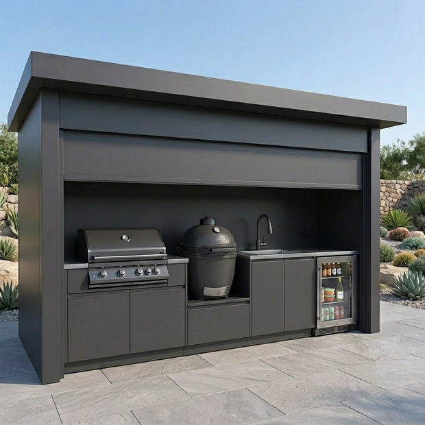 Tailor-Made Stainless Steel Outdoor Kitchen Pod with Shed – Roller Shutter Door, Refrigerator & Sink for Garden
