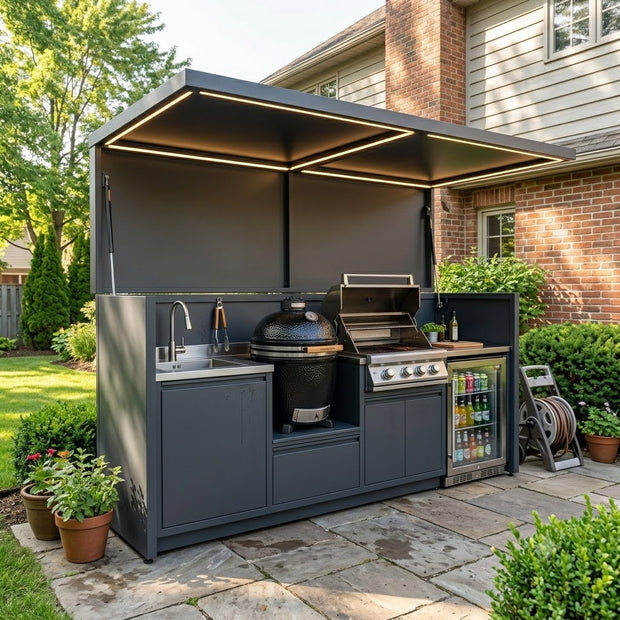 Made-to-Order Stainless Steel Outdoor Kitchen & BBQ Pod with Shed – Canopy Roof Design, Refrigerator & Sink for Garden