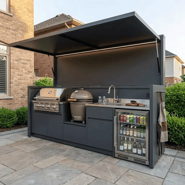 Made-to-Order Stainless Steel Outdoor Kitchen & BBQ Pod with Shed – Covered Canopy, Fridge & Sink Station for Garden
