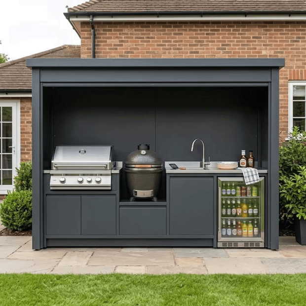 Custom Stainless Steel Outdoor Kitchen Pod with Shed – Roller Shutter Door, BBQ Grill & Sink for Villa Courtyard
