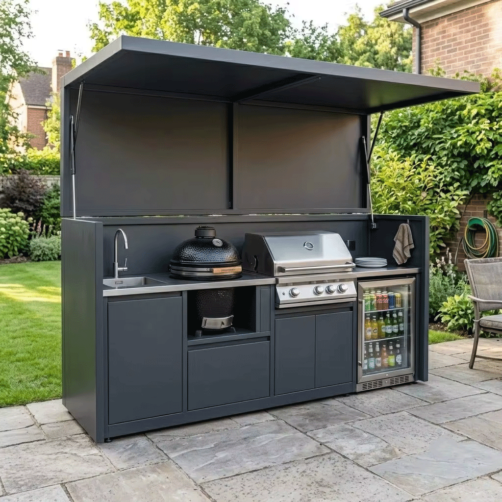 Custom Stainless Steel Outdoor Kitchen Pod Set with Shed – Open Design With Canopy, BBQ & Fridge for Backyard