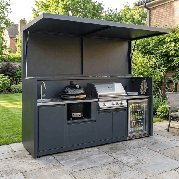 Custom Stainless Steel Outdoor Kitchen Pod Set with Shed – Open Design With Canopy, BBQ & Fridge for Backyard