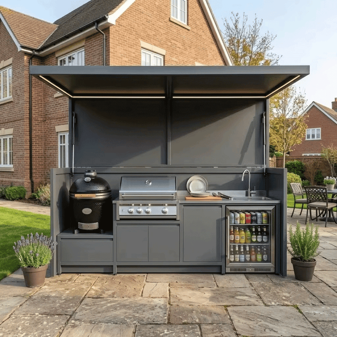 Made-to-Order Stainless Steel Outdoor Kitchen Shed with BBQ Pod – Covered Canopy, Built-in Sink for Garden
