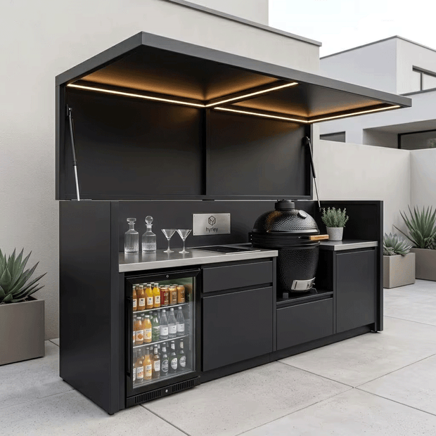 Custom Modern Stainless Steel Outdoor BBQ Pod – Covered Canopy, BBQ Grill & Sink for Poolside