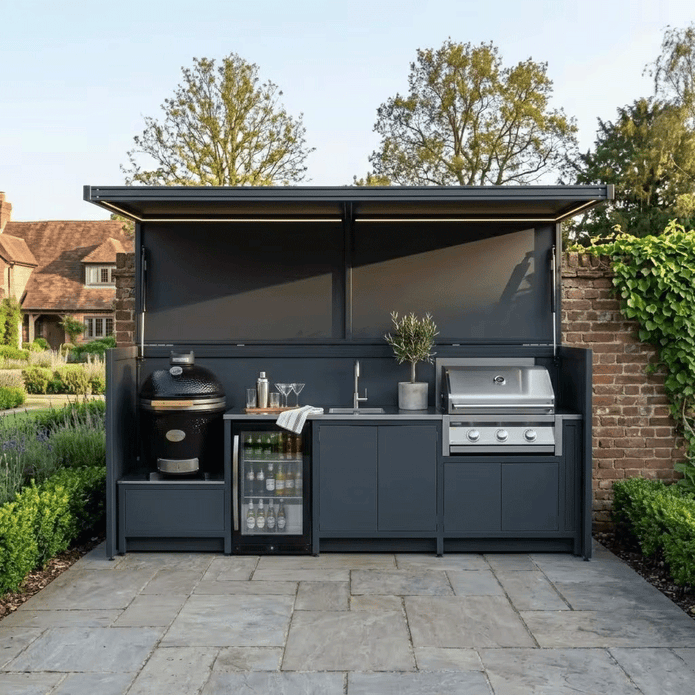 Bespoke Stainless Steel Outdoor Kitchen Shed – Covered Canopy, Kamado Grill Station for Villa Courtyard