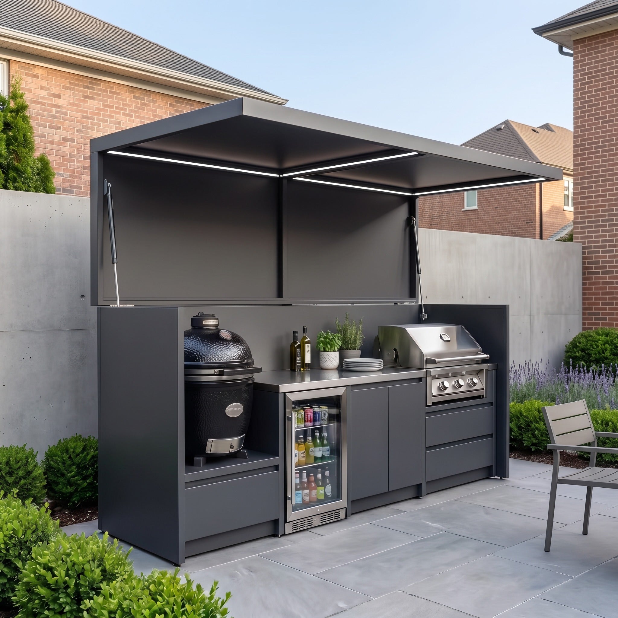 Tailor-Made Stainless Steel Outdoor BBQ Kitchen Pod with Shed – Open Design With Canopy, BBQ Station & Sink for Backyard