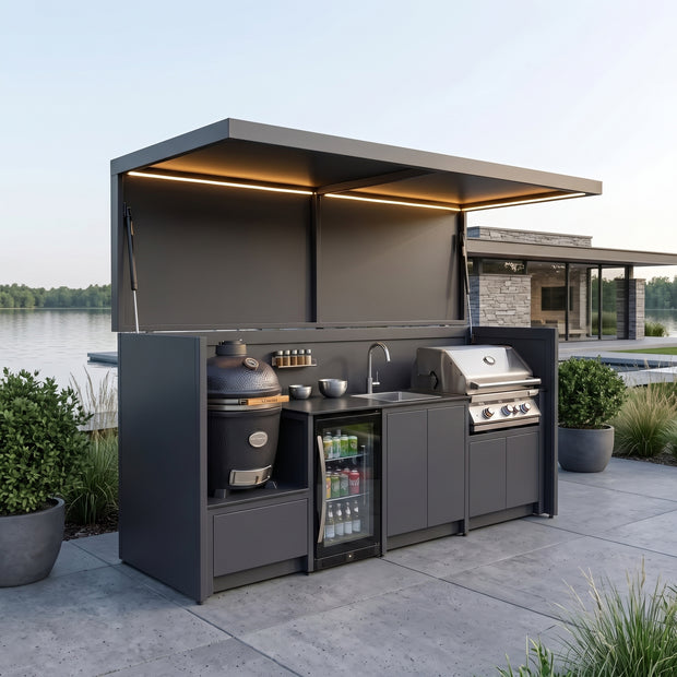 Tailor-Made Stainless Steel Outdoor BBQ Pod with Kitchen Shed – Folding Door, BBQ With Built-in Fridge for Garden