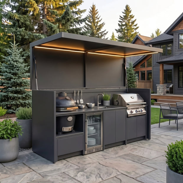 Made-to-Order Stainless Steel Outdoor Kitchen Pod – Open Design With Canopy, Kamado With Sink for Villa Courtyard