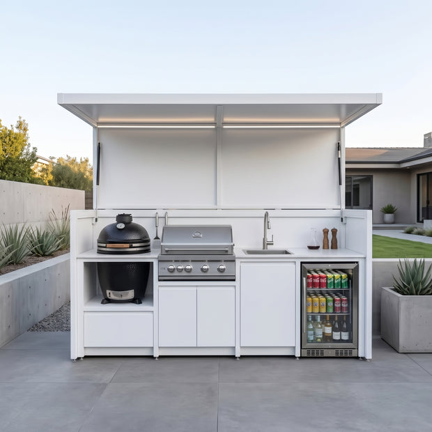 Made-to-Order Weatherproof Stainless Steel Outdoor Kitchen Pod – Canopy Roof, Refrigerator & Sink for Patio