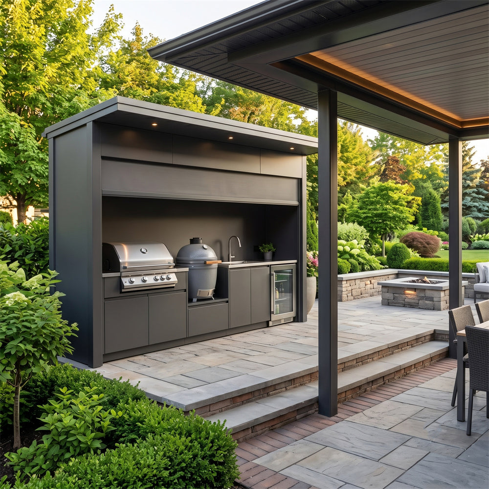 Custom Stainless Steel Outdoor BBQ Pod – Closable Roller Shutter, Kamado With Sink for Garden