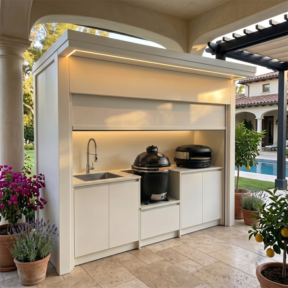 Bespoke Stainless Steel Outdoor Kitchen Pod with Shed – Roller Shutter Door, Sink Station for Patio