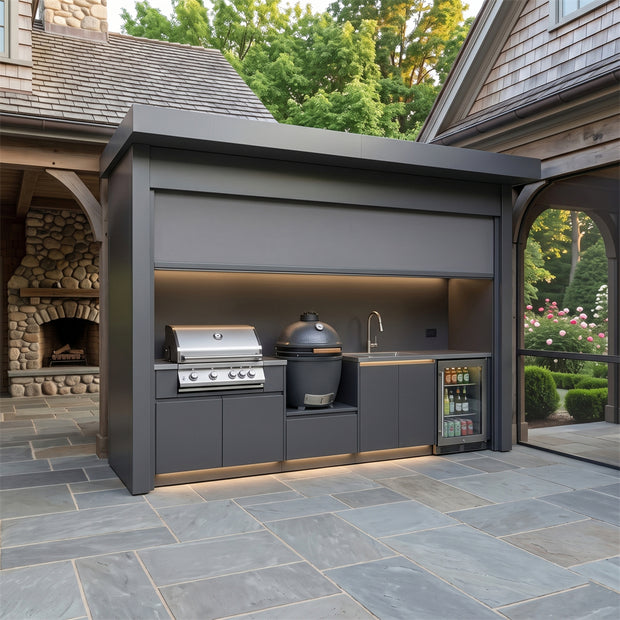 Custom Stainless Steel Outdoor Kitchen Pod with Shed – Roller Shutter Enclosure, BBQ Station & Sink for Poolside
