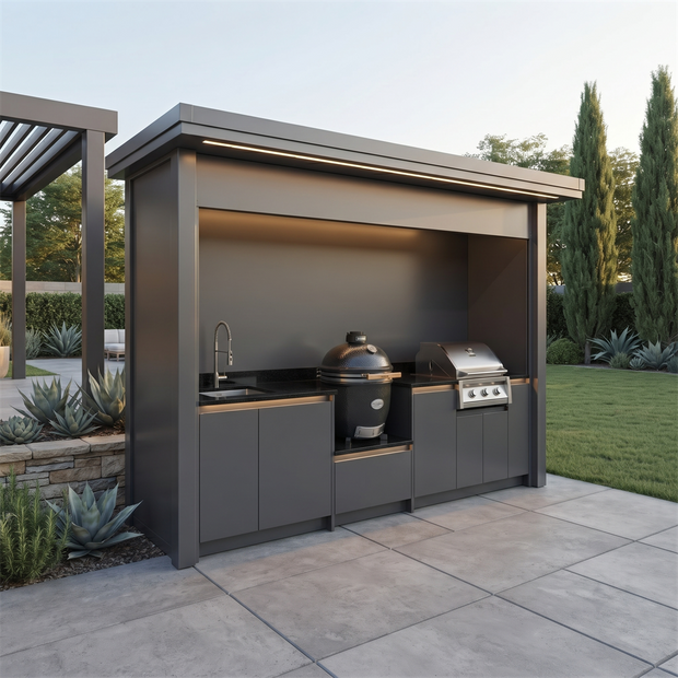 Custom Stainless Steel Outdoor Kitchen Pod with Shed – Roller Shutter Door, BBQ Grill & Sink for Villa Courtyard