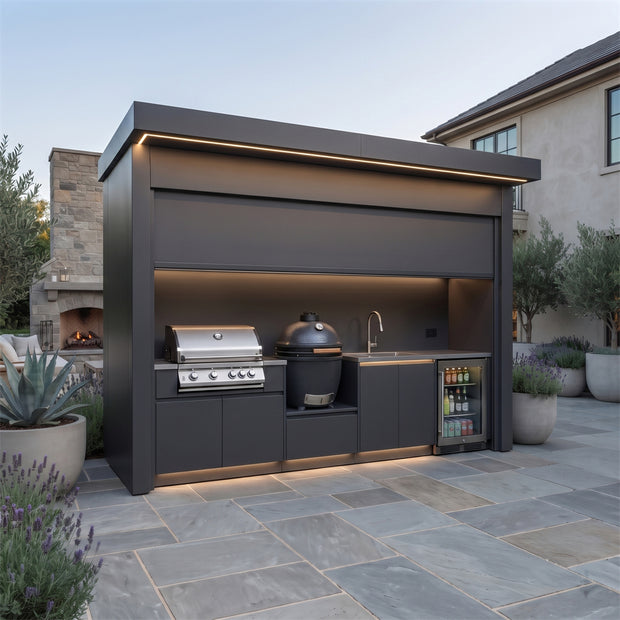 Custom Stainless Steel Outdoor Kitchen Pod with Shed – Closable Roller Shutter, BBQ & Fridge for Backyard
