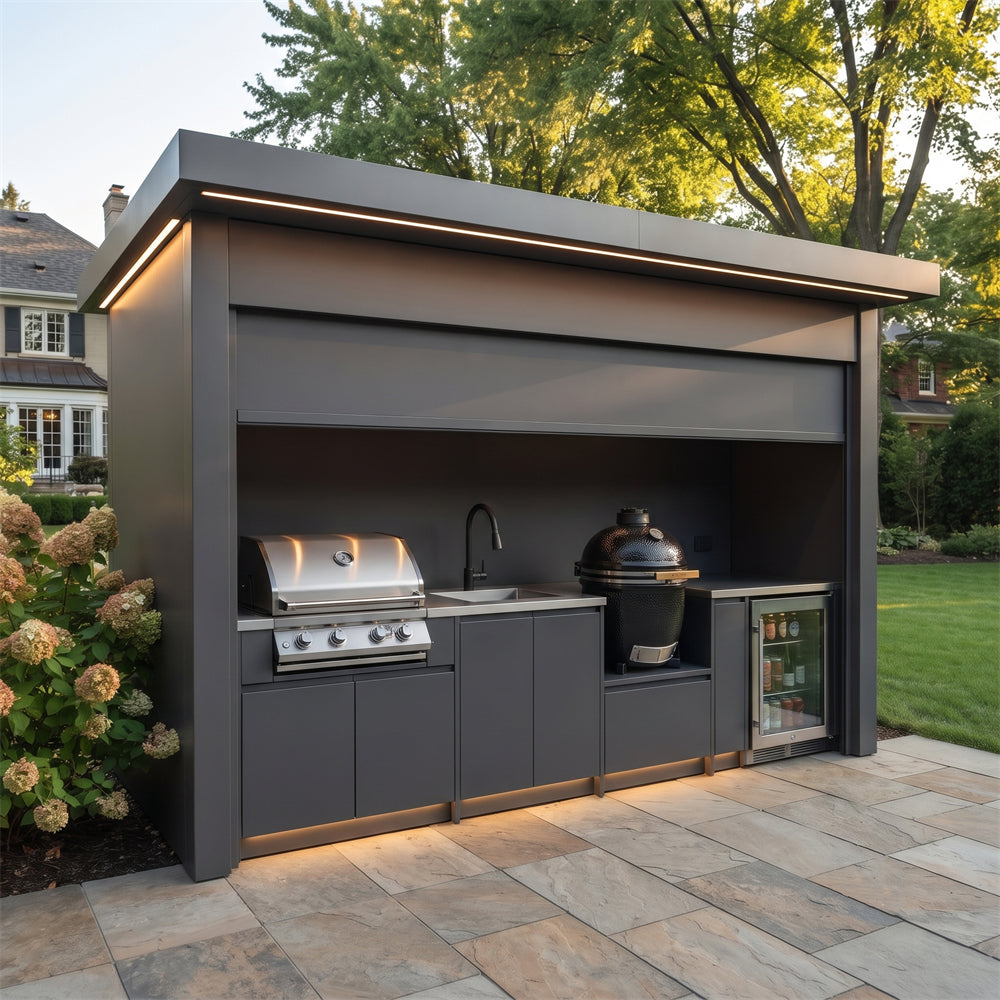 Custom Stainless Steel Outdoor Kitchen Pod with Shed – Roller Shutter Door, Fridge & Sink Station for Villa Courtyard