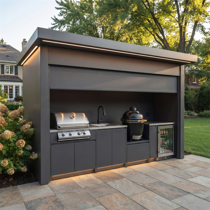 Custom Stainless Steel Outdoor Kitchen Pod with Shed – Roller Shutter Door, Fridge & Sink Station for Villa Courtyard