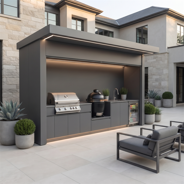 Custom All-Season Stainless Steel Outdoor BBQ Pod – Roller Shutter Door, Gas BBQ & Sink for Poolside