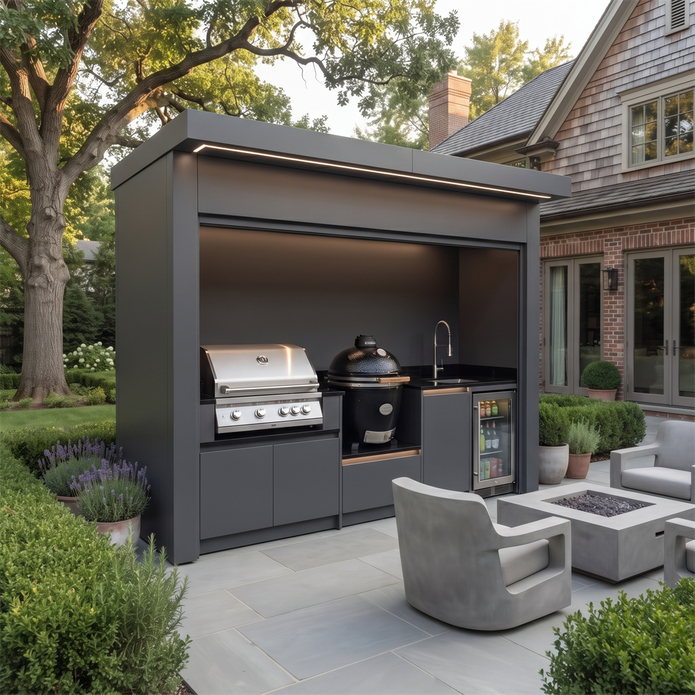 Made-to-Order Stainless Steel Outdoor Kitchen Pod – Roller Shutter Door, Complete BBQ Station for Poolside