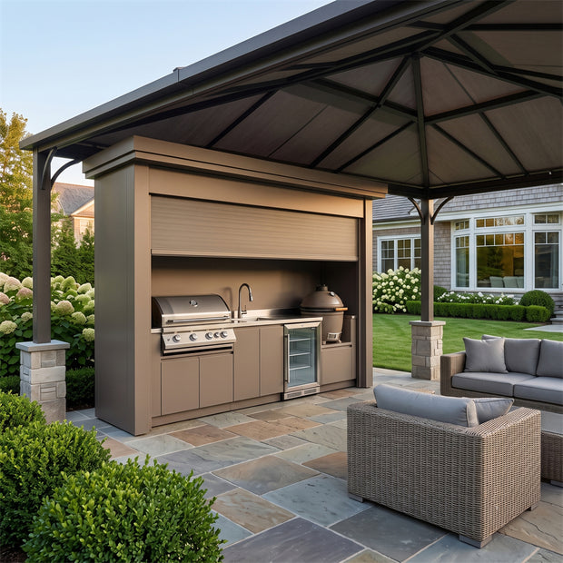 Made-to-Order Stainless Steel Outdoor Kitchen & BBQ Pod with Shed – Roller Shutter Door, BBQ & Kamado Grill Station for Poolside