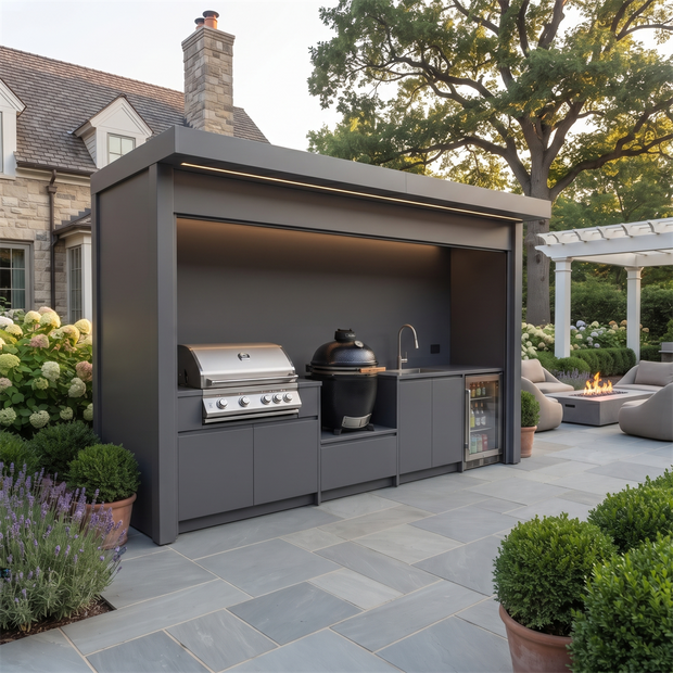 Bespoke Stainless Steel Outdoor Kitchen Pod with Shed – Roller Shutter Enclosure, BBQ Grill & Sink for Backyard