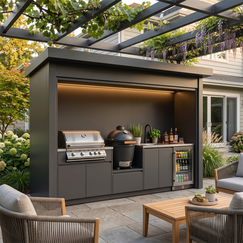 Tailor-Made Stainless Steel Outdoor BBQ Kitchen Pod with Shed – Roller Shutter Door, Kamado Grill Station for Backyard