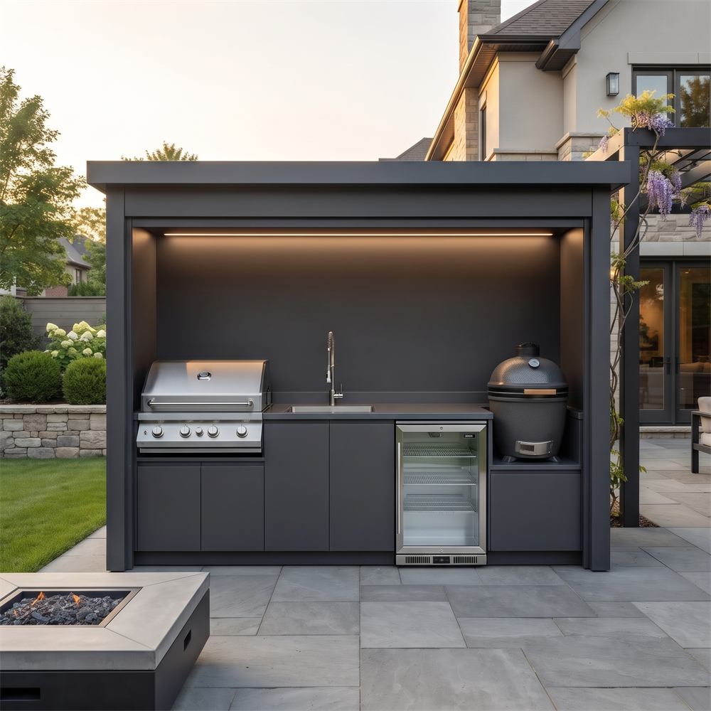 Tailor-Made Stainless Steel Outdoor Kitchen Pod with Shed – Roller Shutter Door, Fridge & Sink Station for Poolside