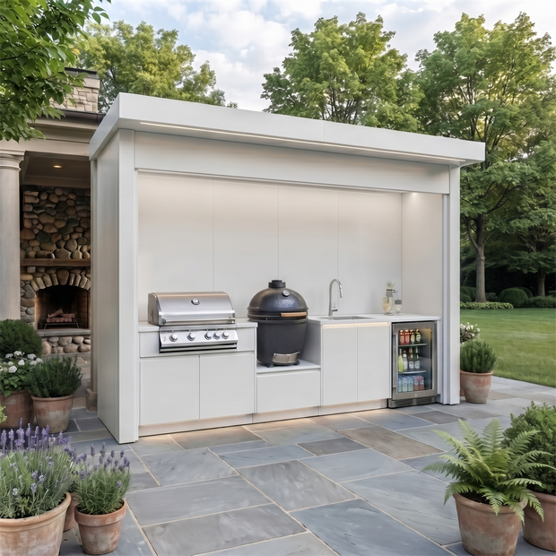 Custom Premium Stainless Steel Outdoor Kitchen Pod with Shed – Closable Roller Shutter, Kamado With Sink for Garden