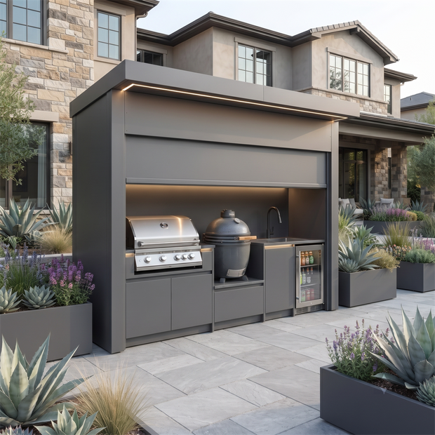 Bespoke Stainless Steel Outdoor Kitchen Pod with Shed – Roller Shutter Door, BBQ Station & Sink for Backyard