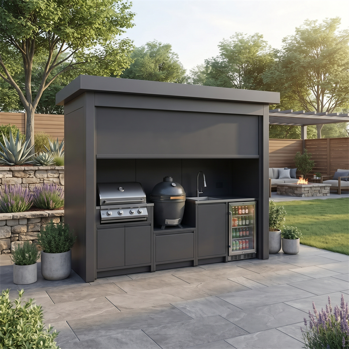 Bespoke Stainless Steel Outdoor Kitchen Shed – Roller Shutter Enclosure, BBQ & Refrigerator for Garden