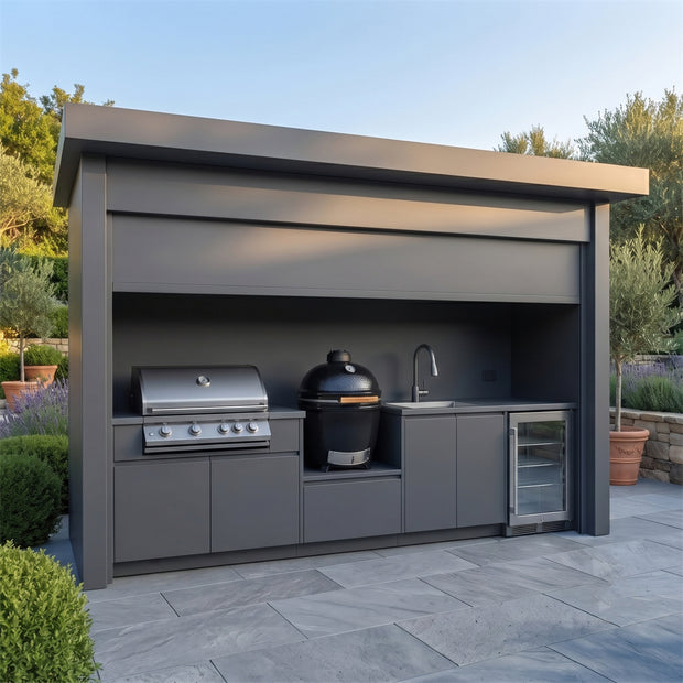 Custom Stainless Steel Outdoor Kitchen Pod with Shed – Closable Roller Shutter, BBQ & Fridge for Villa Courtyard